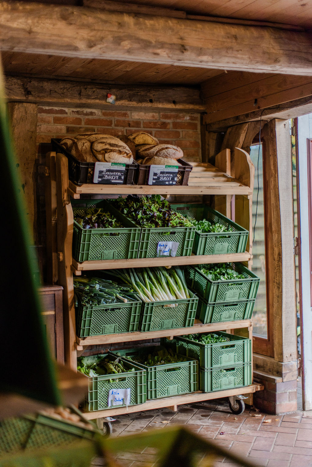 Grüne Erntekisten mit Salaten, Lauch und Feldsalat im Hofladen-Regal